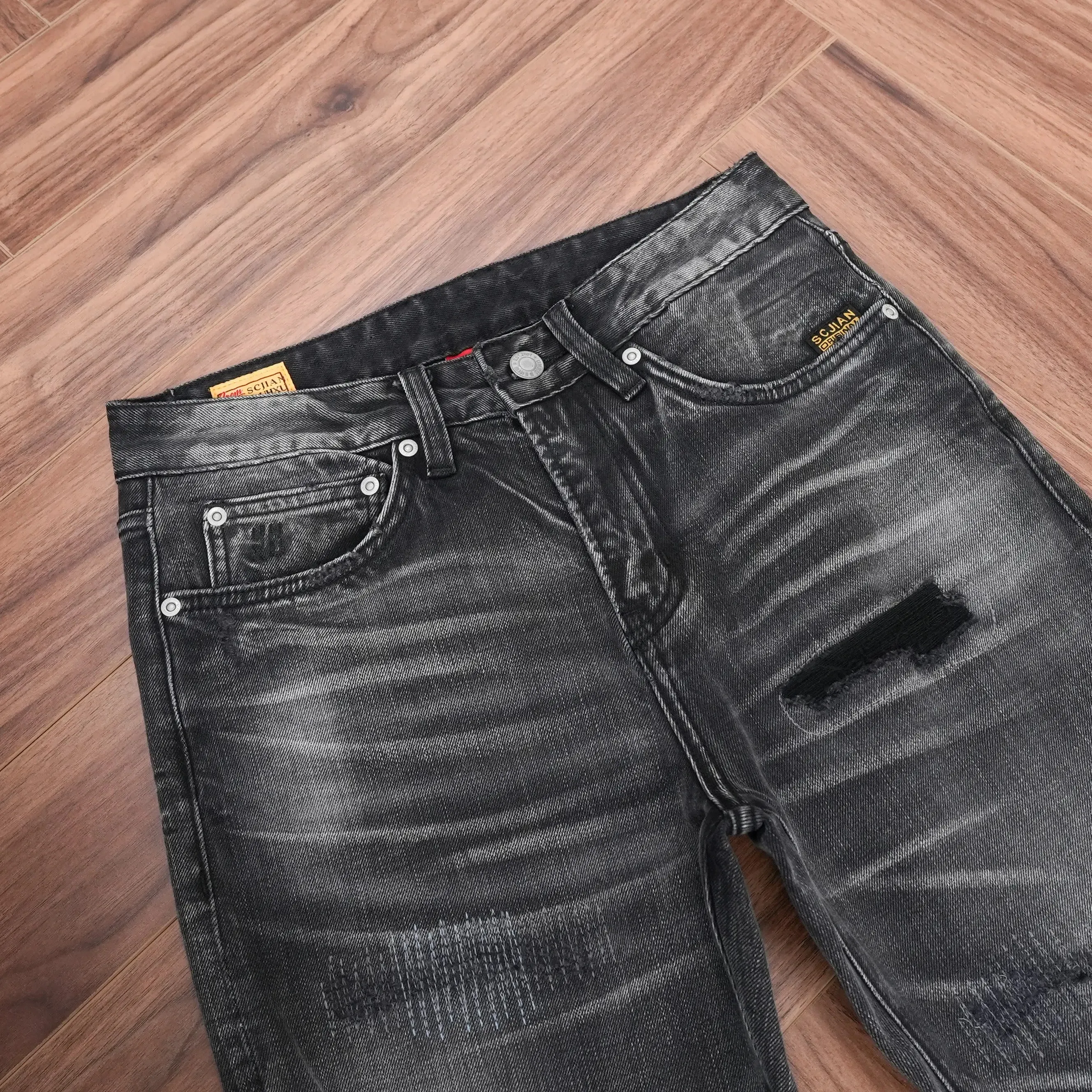 Spring Washed BlackGray Denim Jeans for Men Ripped Hole Distressed Design Regular Straight Leg Comfortable Trendy Casual Pants — image 5