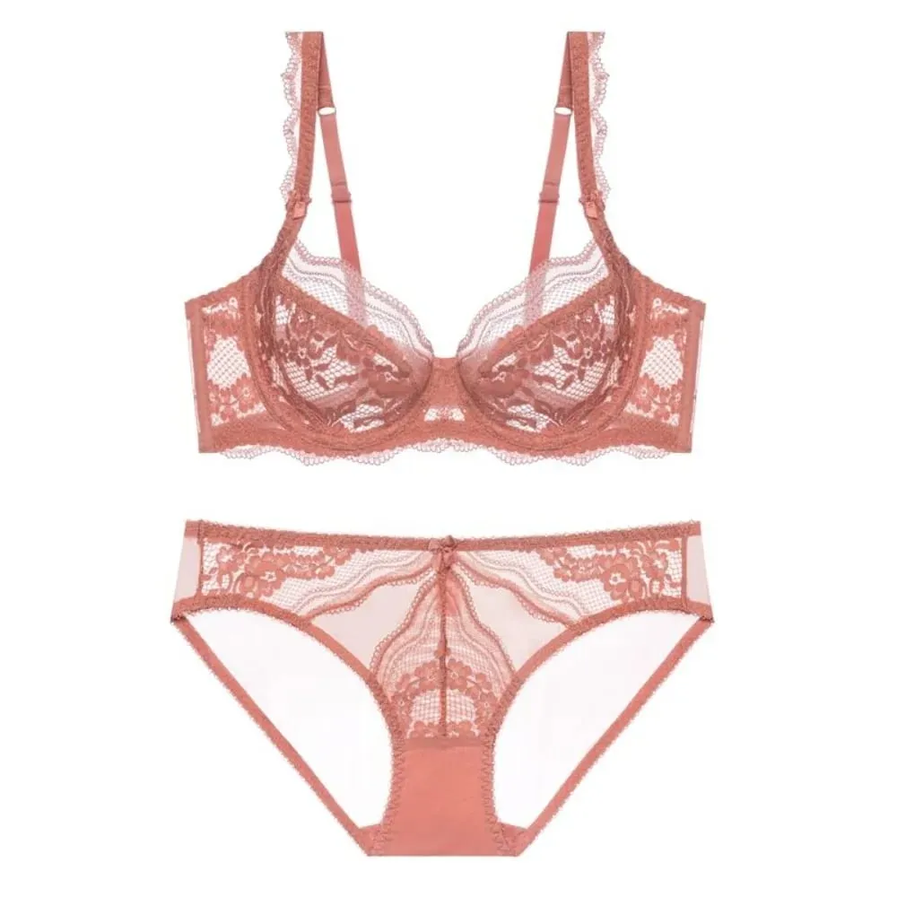 Plus Size Full Bust Minimizer Bra Set Sheer Floral Lace Thin Anti Sag Support Transparent Underwear Women Breathable Intimates