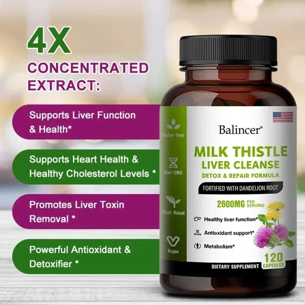 Milk Thistle with Dandelion Root-Antioxidant Liver & Kidney Health Support Supplement Vegan Non-GMO Gluten Free 120 Capsules — image 6