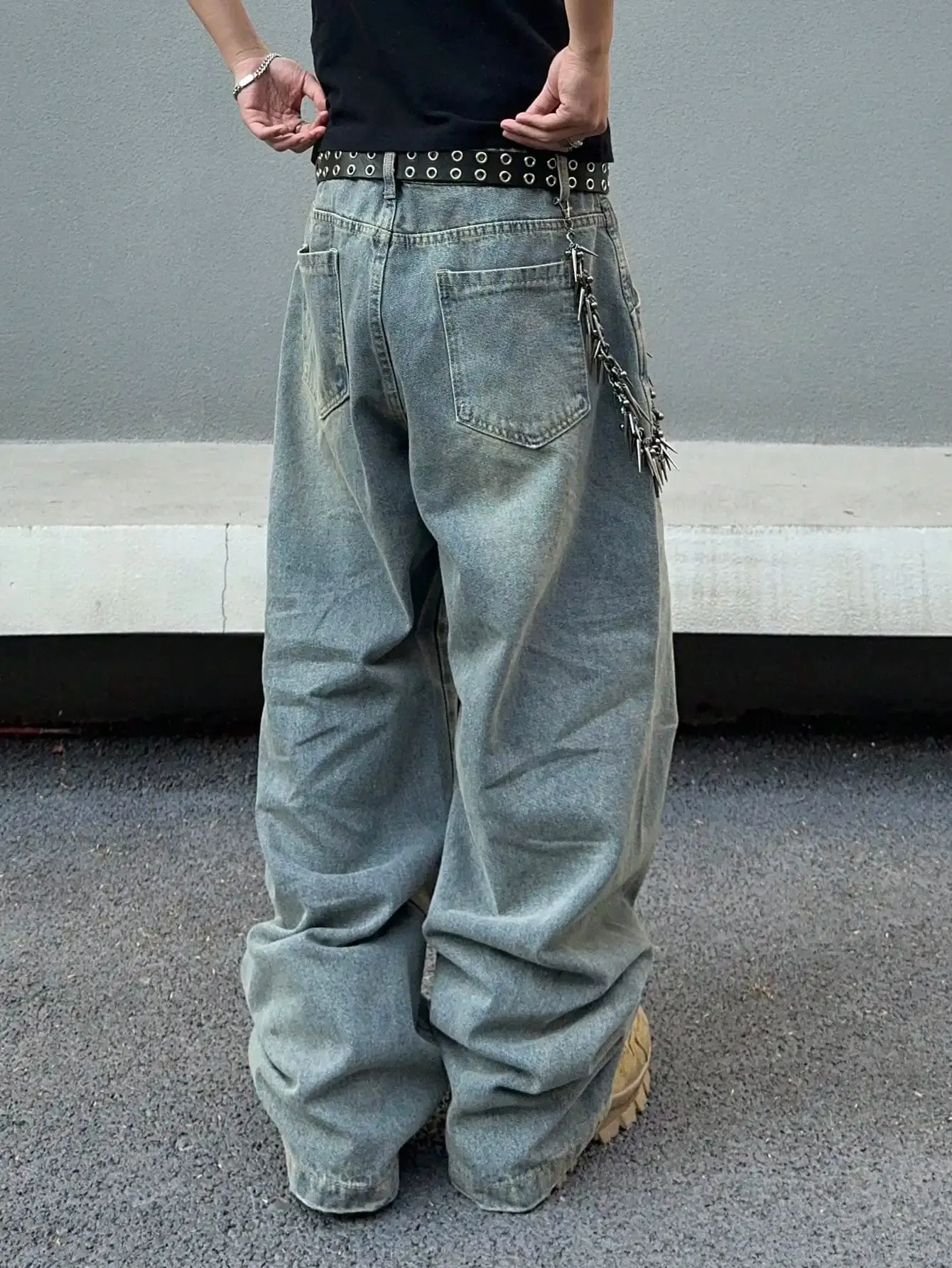 Vintage Men Washed Baggy Denim Jeans Stitched Panel Wide Leg Denim Pants Oversized Loose Hip Hop Streetwear Y2K Casual Trousers — image 5