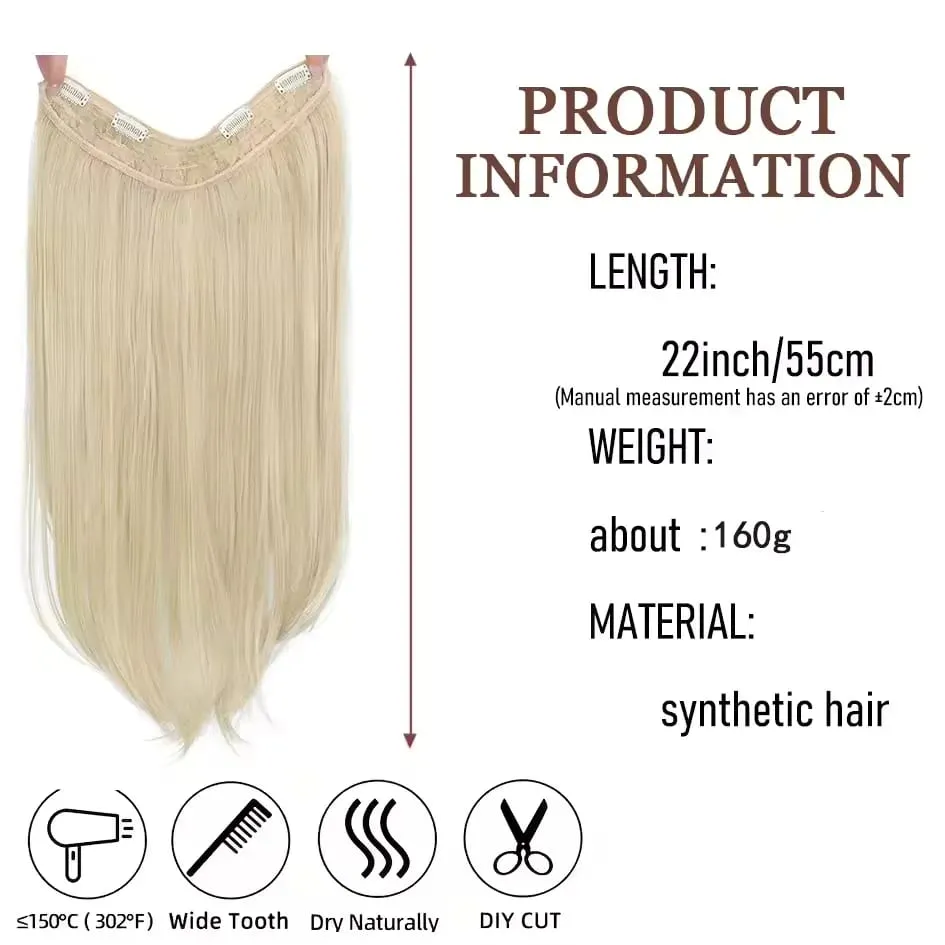 22 Zoll synthetische lange gerade geschichtete Clip-in-Haarverlängerung V-förmiges schwarzblondes unsichtbares Haarteil für Frauen