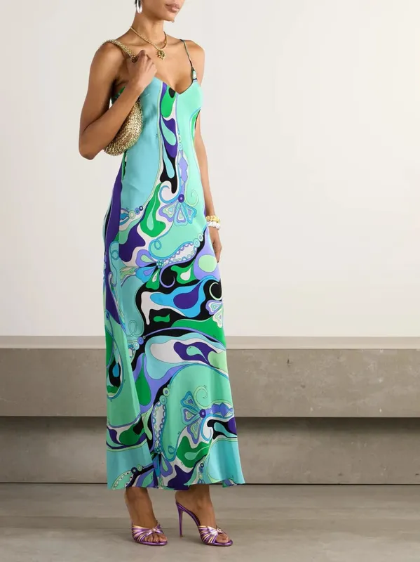 Bohemian Fashion Printed Women's Dress Summer Sexy Beach Vacation V-neck Strap Dresses Ladies Elegant Slit Hem A-line Vestidos