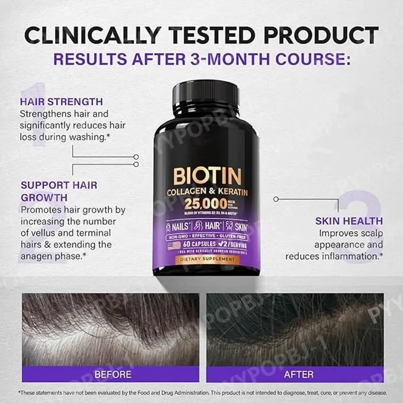 Biotin Capsules Contain Collagen and Vitamin B2 B3 B6 & B7 for Women Men Hair Care Supplements Skin & Nails Support 60 Pieces — image 4