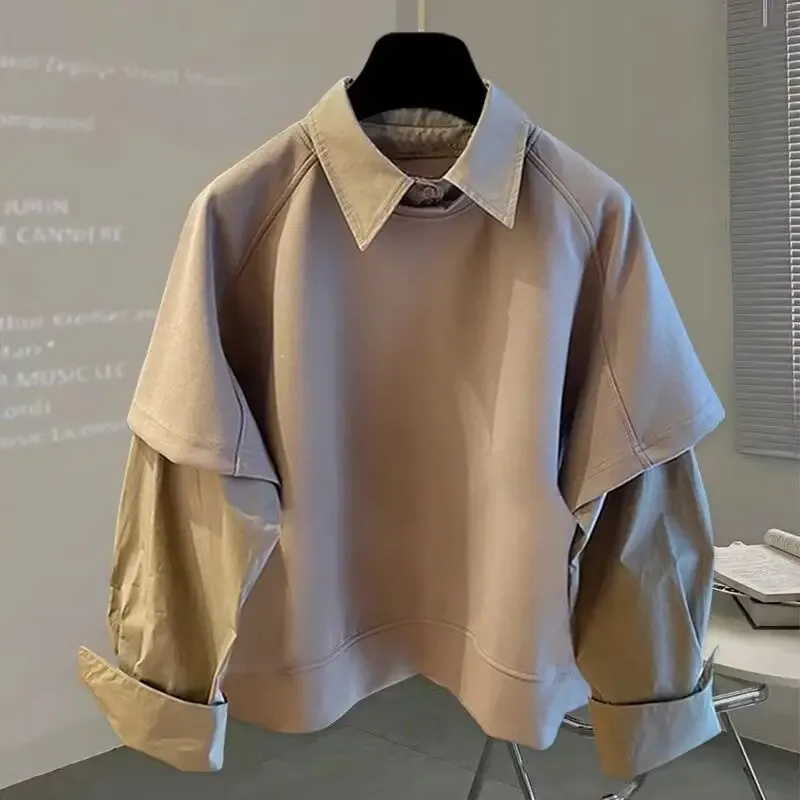 Two-piece Spliced long-sleeved Shirt for Autumn Winter Men's New Sweatshirt Korean Style Trendy Loose Fashion Versatile Top