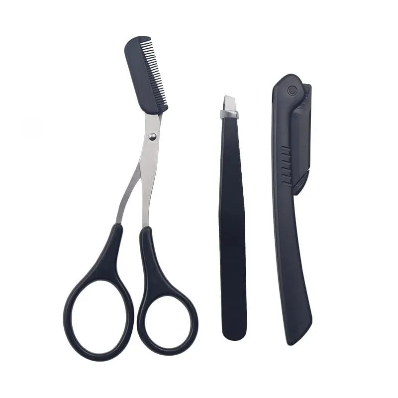 3pcs Eyebrow Trimming Tools Stainless Steel Eyebrow Tweezer Scissors with Comb Razor Makeup Tools Face Care