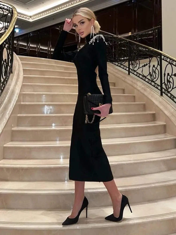 Ahagaga mode évider femmes Maxi Robes Sexy solide dos nu décontracté col roulé mince élégant moulante Robes Robes fendues