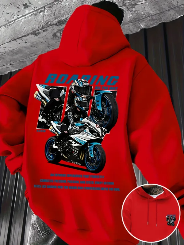 Winter and Autumn Men's Street Fashion Hooded Sweatshirt with "motorcycle" Print Pattern Fleece for Outdoor Warm Cozy Feeling — image 7