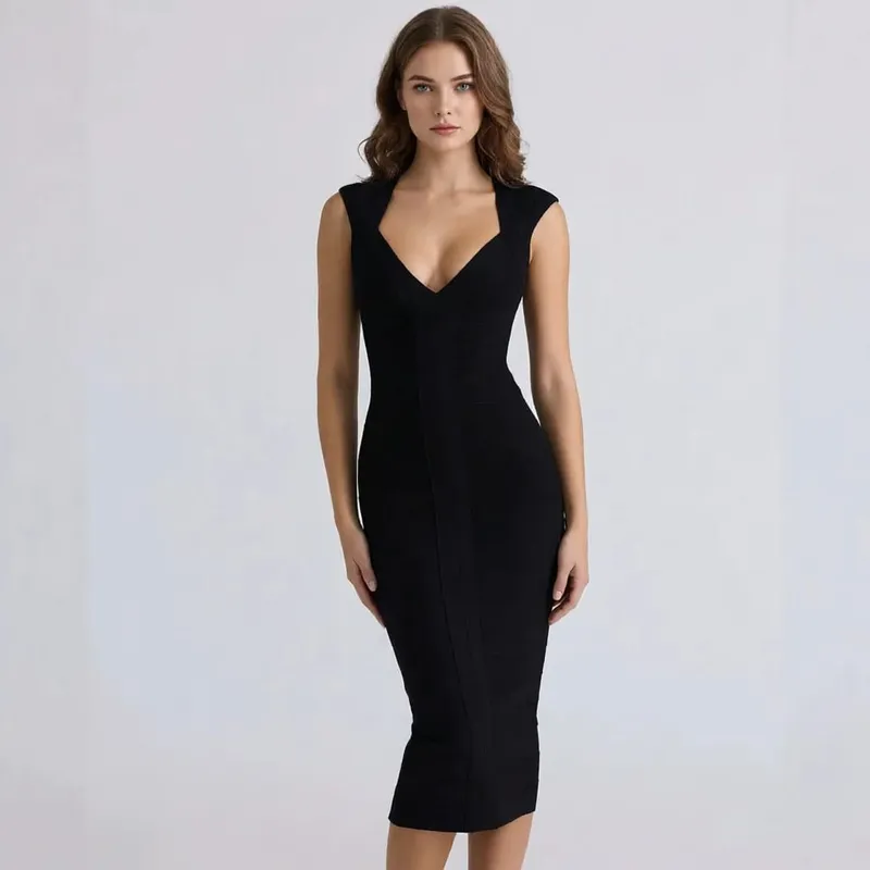 Luxury Sexy Plunge V Bandage Long Dress Women Striped Bodyocn Party Celebrity Evening Dress Elastic Knitted Vestidos