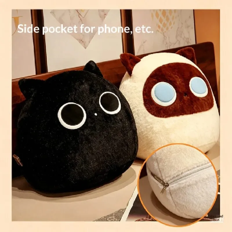 Generic Fluffy Cute Round Black And Brown Cat Plush Pillow Soft Stuffed Plush Toy Sofa Bed Back Cushion Home Decor For Adult — image 6