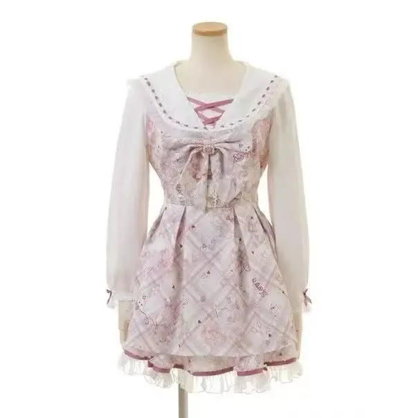 Sweet Lolita Style Lace Pearl Cute Print Shirt Dresses Japanese Kawaii Bow Dress Set Gothic Y2k Tea Party Women Dress 2025 New — image 9