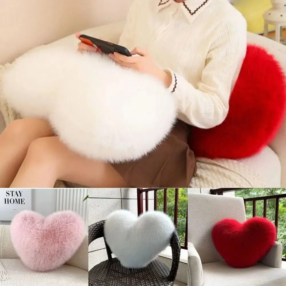 New Fur Heart Pillow Pink Color Love Heart Shaped Soft Pillow PP Cotton Fluffy Stuffed Pillow for Birthday — image 3
