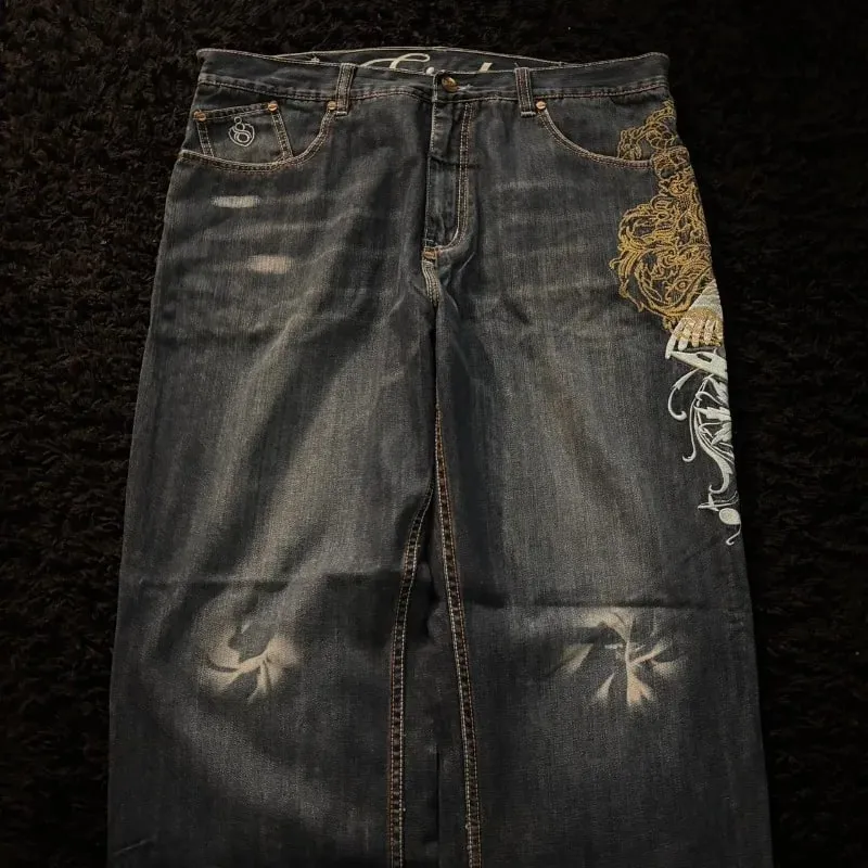 Fashion high street new pattern embroidered men jeans Y2K Gothic Harajuku hip-hop straight high waist wide leg pants