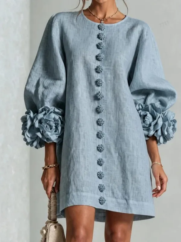 Women Linen Mini Dress O Neck Puff Long Sleeve 3D Flower Cuff Decor Flower Button Loose Casual Short Dresses for Party Vacation — image 7