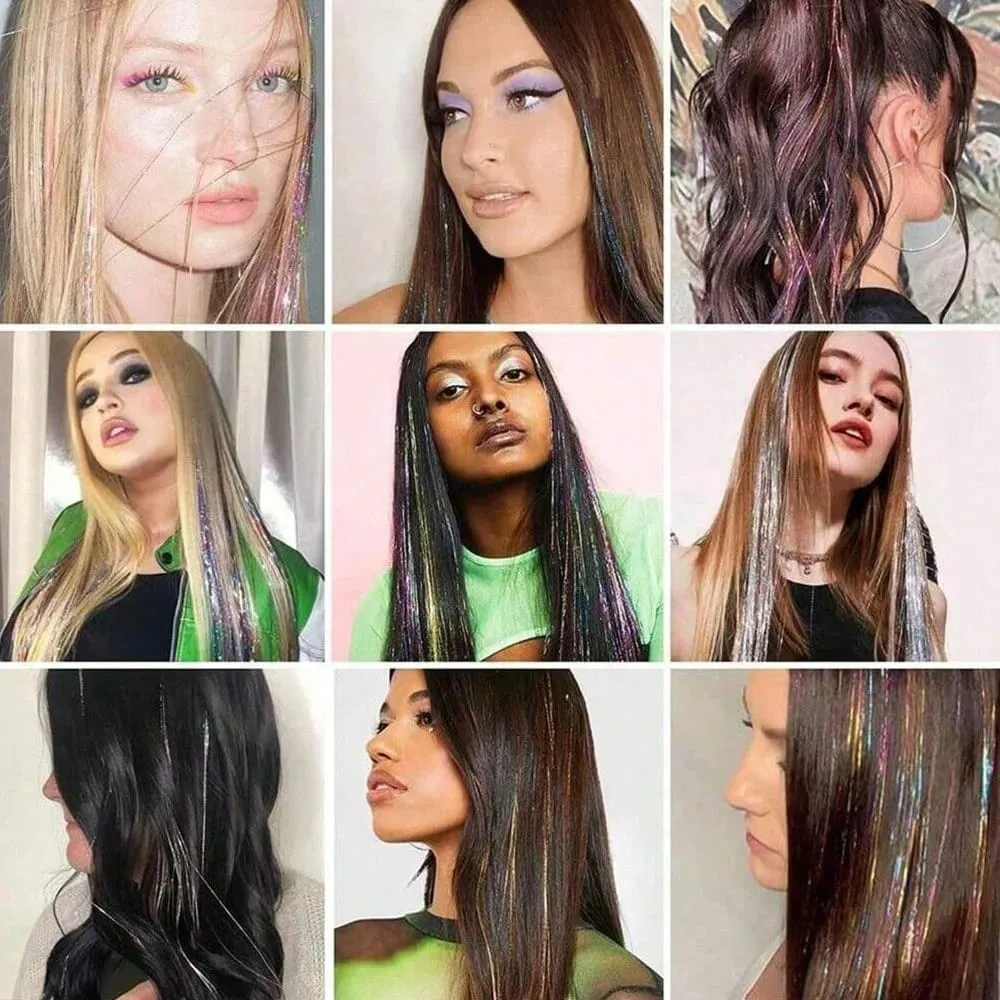 12Pcs Hair Tinsel Clip In 19.7" Glitter Tinsel Hair Extensions Synthetic Clip In Sparkle Hair Accessories For Kids Girls Women