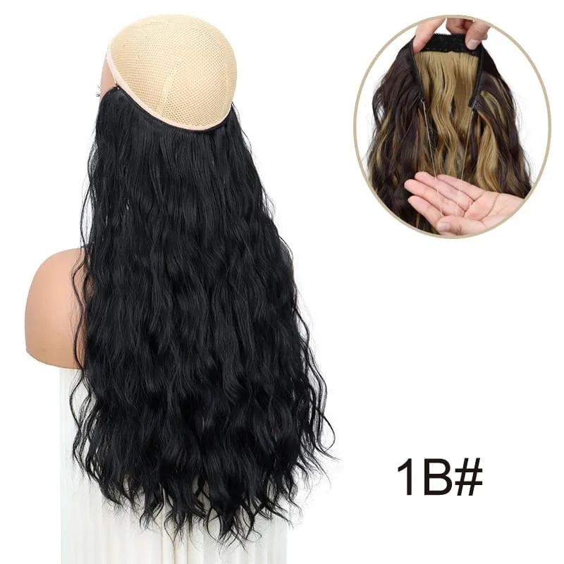 18Inch Synthetic Long Wavy Culry Fluffy Hair Extensions Invisible Fishing Line Soft Hair Pieces for Women Daily Wear