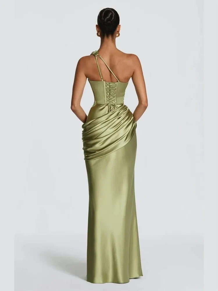 Satin One Shoulder Cutout Long Dress Women Elegant Solid Ruched Mermaid Slim Fit Flowy Vestido 2026 Lady Summer Evening Dresses — image 6