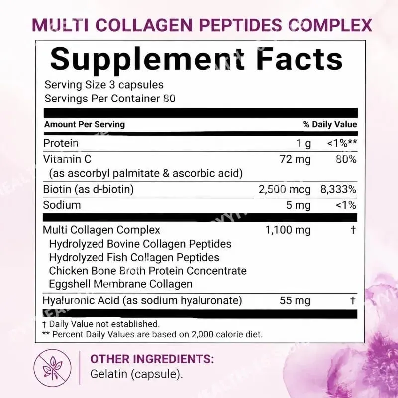 Multi Collagen Peptides Kapsler med Biotin Vitamin C og Hyaluronsyre Indeholder æg og fisk 240 kapsler