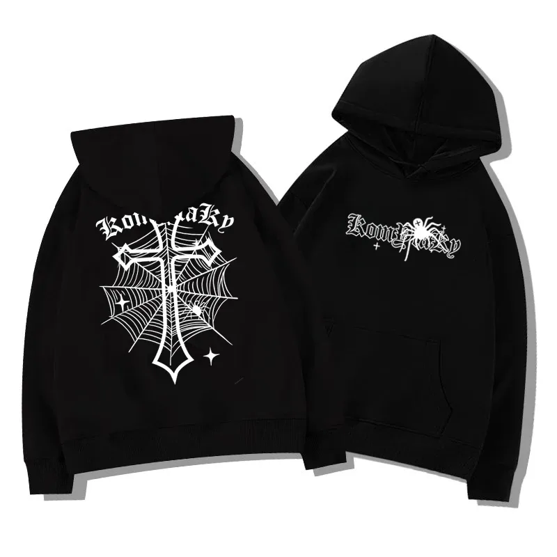European American High Street Spider Cross Autumn Winter Fleece Warm Hooded Sweatshirt Casual Adult Men Versatile Soft Daily Use