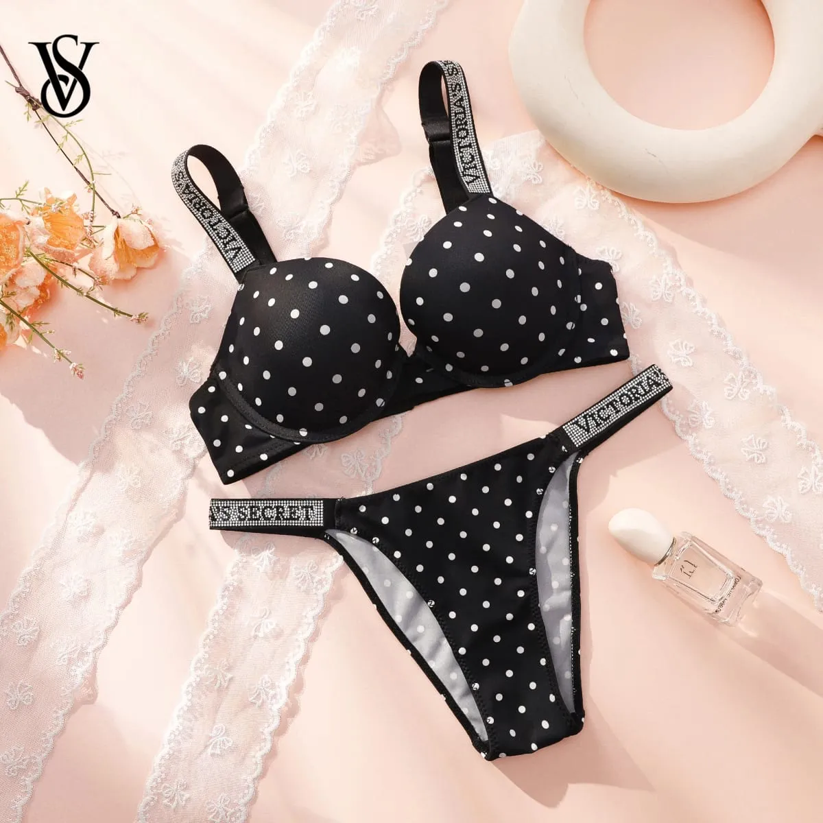 Victoria Secret Hot Sexy Lingerie Set Very Sexy Shine Script Polka Dot Push Up Bra With Shine Script Thong Panty — image 2