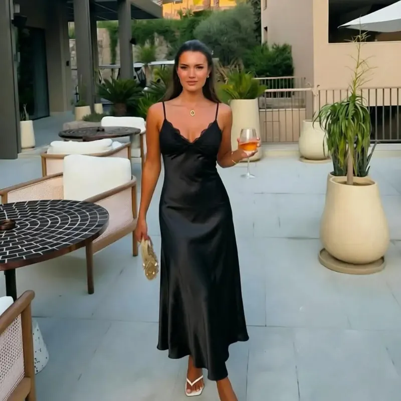 Elegant Women's Backless Yellow Satin Dresses Cross-back Design Long Slim Fit A-line Summer Dress 2026 New Vacation Travel Gowns — image 7