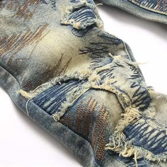 American High Street Worn Out And Tear Damaged Men's Jeans Destroyed Holes Stretch Skinny & Slim Ripped Jeans
