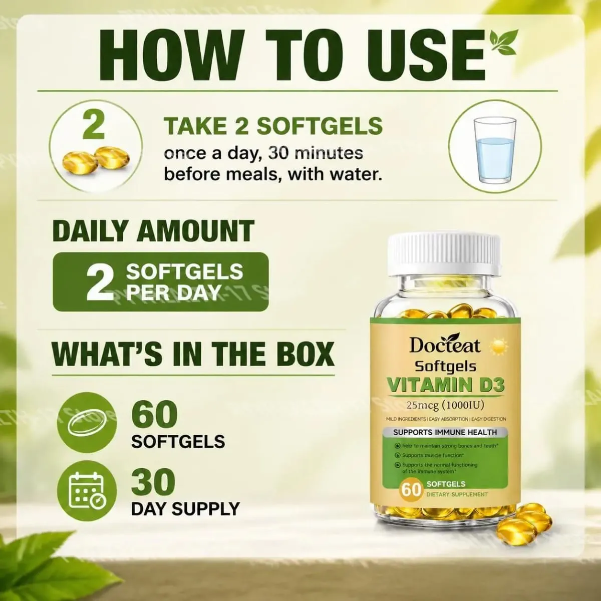 Docteat Vitamin D3 Softgels Supports Immune Health Helps Maintain Bones and Teeth for Adult Daily Requirement 60 Softgels — image 5
