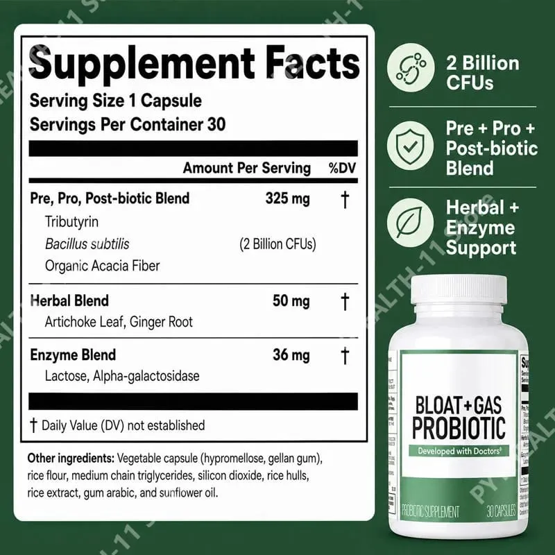 60 Billion Probiotic Capsules with Acacia Fiber Postbiotic Herbal and Enzyme Blend Gut Health Support Gas Relief for Adults 30ct