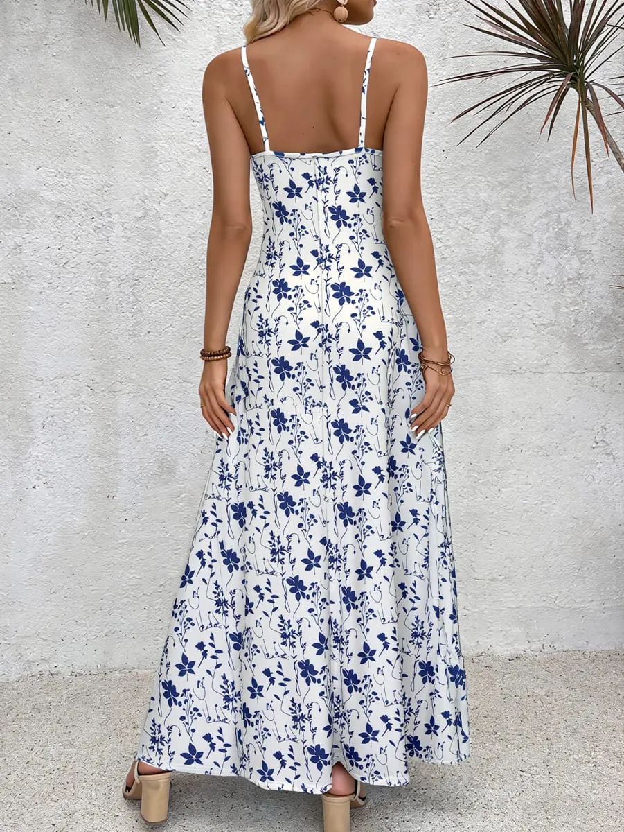 Women's Blue Floral Print Spaghetti Strap Maxi Dress Summer Casual Round Neck Flowy A-Line Sundress With Side Pockets — image 3
