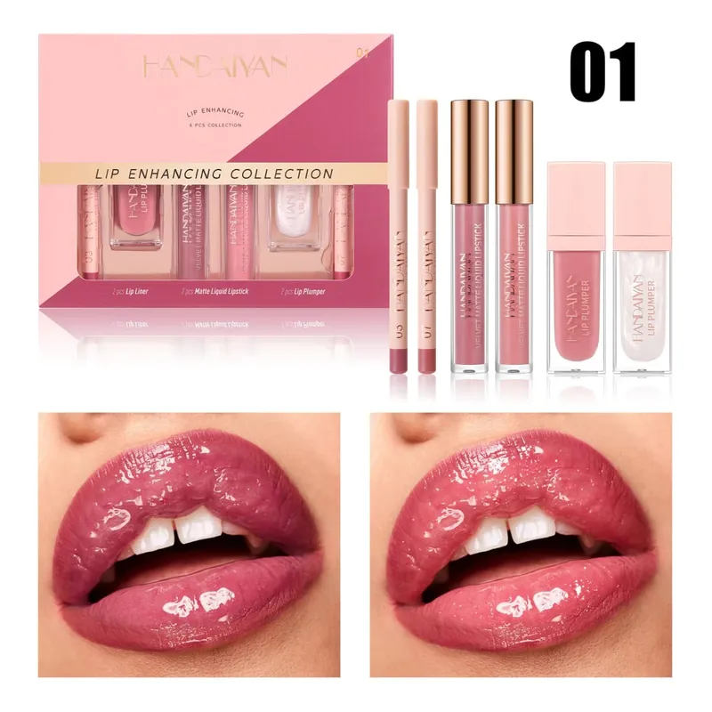 Set Riasan Bibir 6 Buah Lipstik Cair Matte Tahan Air Lip Gloss dan Lip Liner Sangat Berpigmen dan Mudah Diaplikasikan