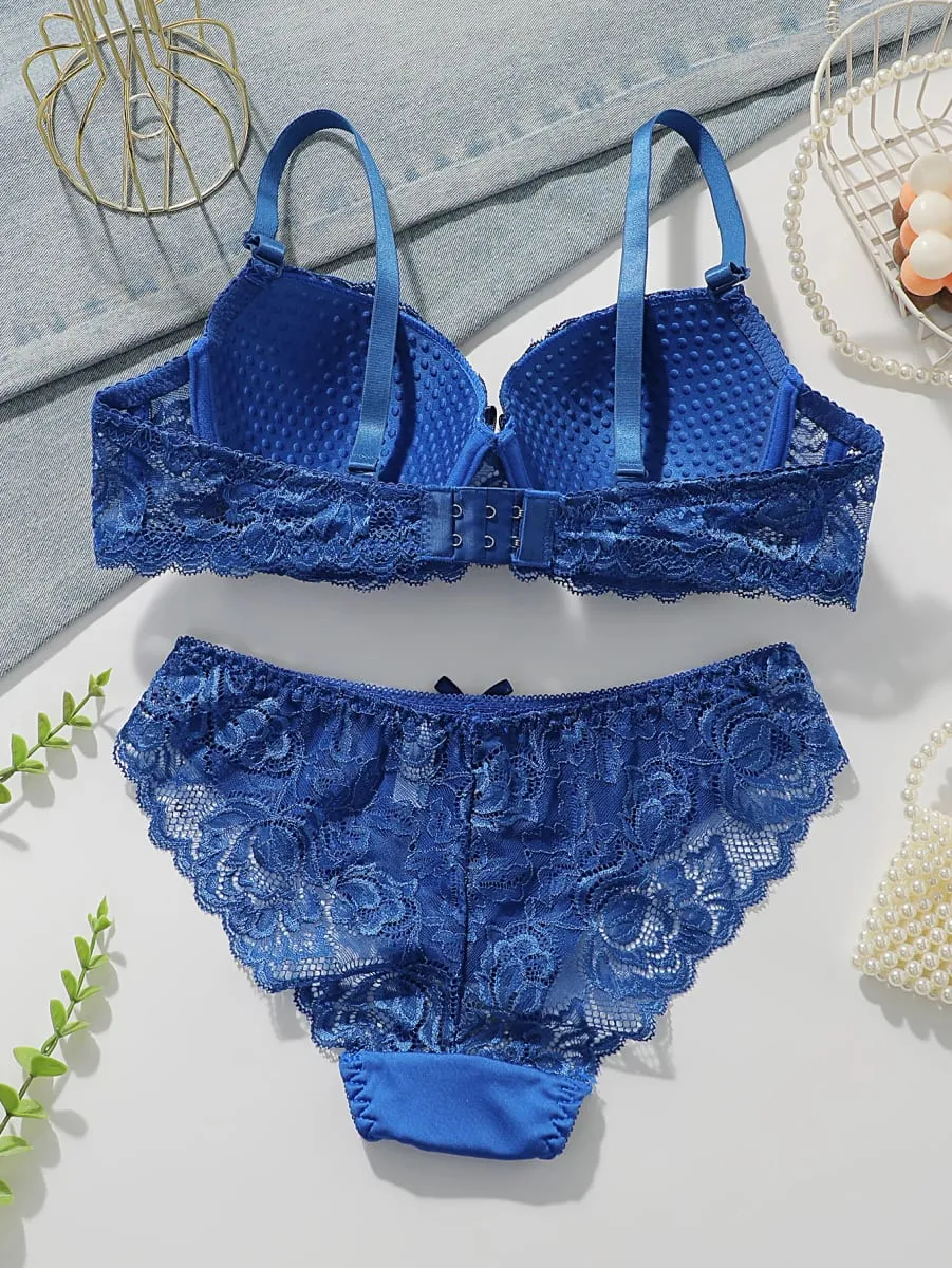 Blue Lace Push Up Bra Set Women Sexy Underwire Bra & Panty Set Lingerie Sets Breathable Ladies Intimates
