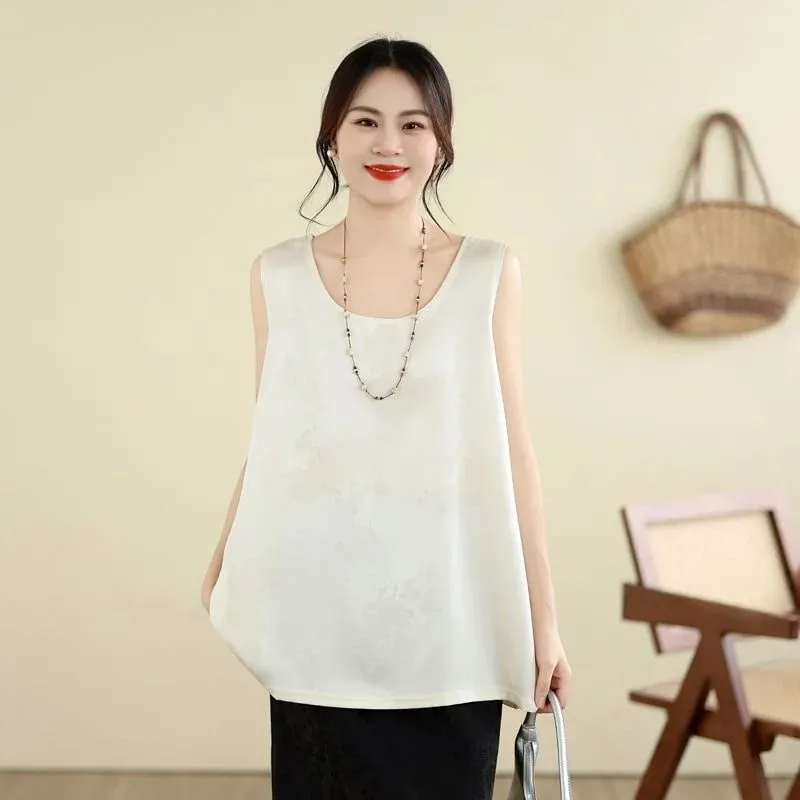 New Chinese Style Jacquard Satin Tank Top Middle Aged Women Loose U Neck Sleeveless Blouse Elegant Acetate Vest For Moms — image 2