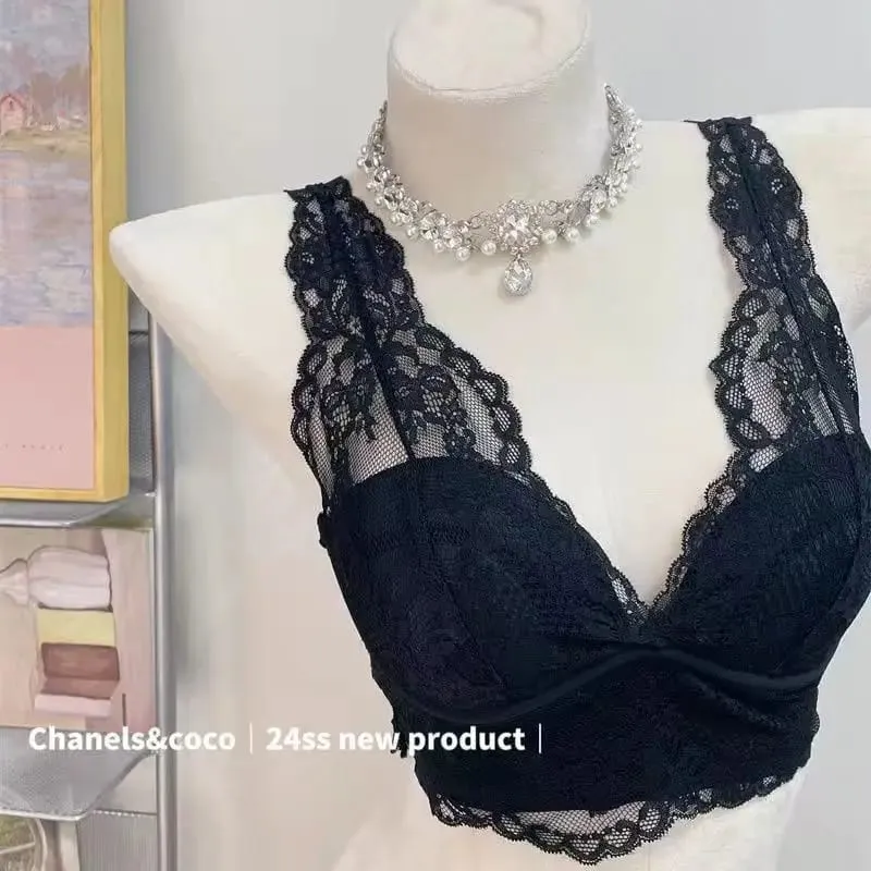 French Lace Lingerie Gathered Without Steel Rims White Inner Layer Layered Camisole Vest Bra Set Without Buttons Gather Toge — image 5