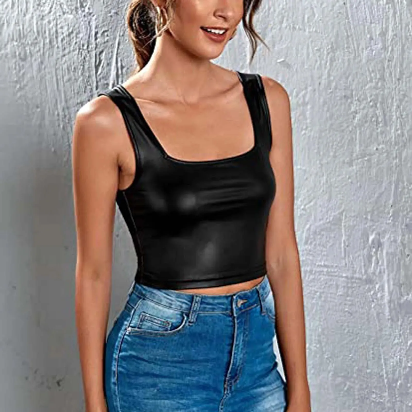 PU Lederen Tank Tops Vrouwen Sexy Zwarte Bustiers Diepe V-hals Spaghetti Corset Vest Nachtclub Cropped Tops Vrouwen Vest