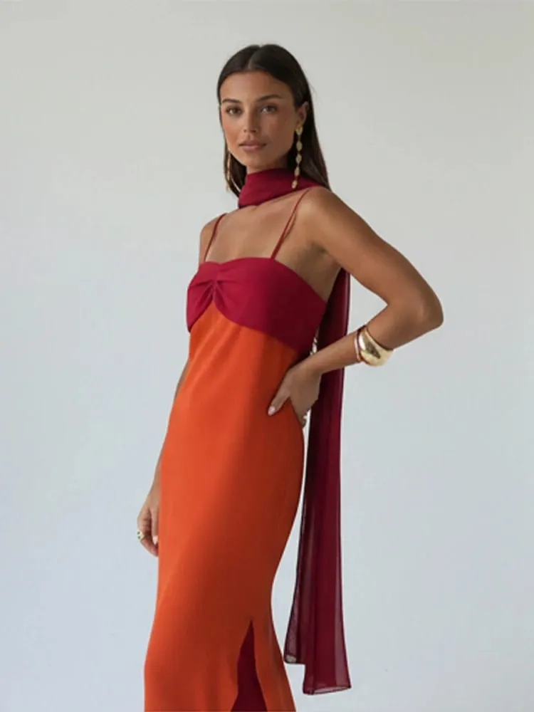 Fashion Women Color Blocking Scarf Collar Sling Dress Sexy Split Waist Cinching Bodycon Maxi Gowns 2026 Lady Club Party Vestidos — image 1