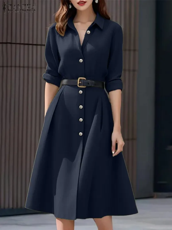 Stylish Autumn Overalls Dress ZANZEA Women Fashion Shirt Dress 2025 Elegant Long Sleeve Dresses High Waist OL Work Sundress Robe — image 3