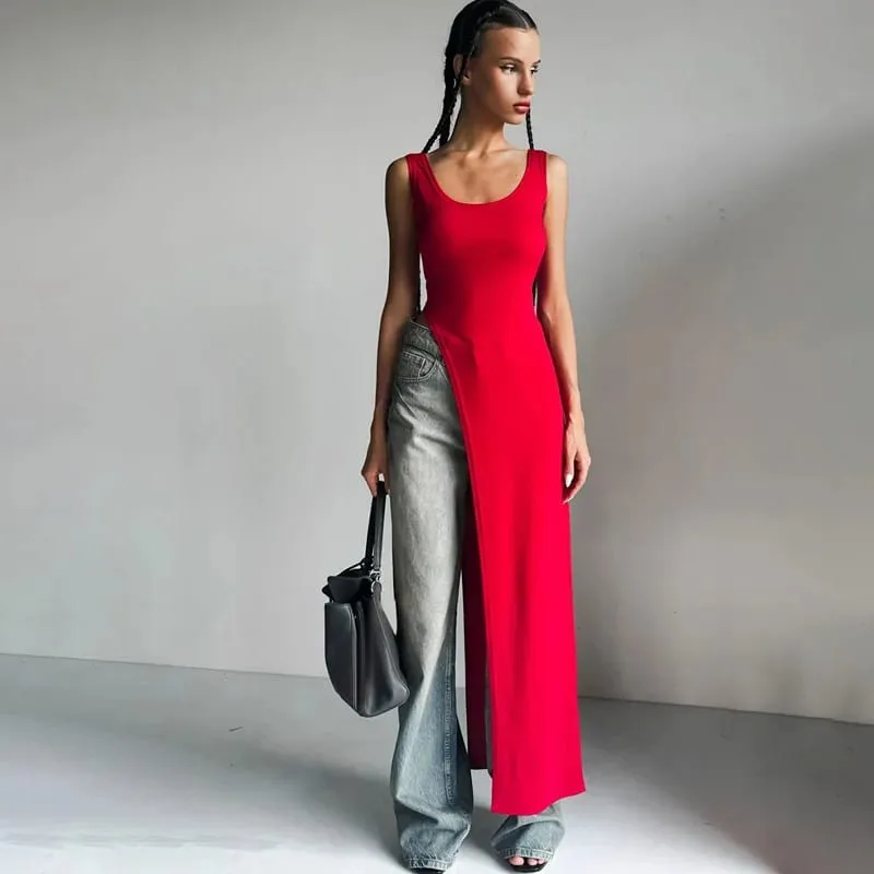 Sexy sleeveless side high slit dress solid color back free women's MIDI dress summer party club streetwear y2k
