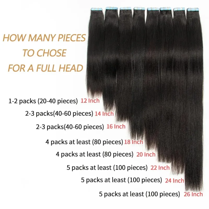 MRS HAIR Light Yaki Tape In Hair Extensions Human Hair Cuticle Remy Relaxed Tape in Extension Silk Pressed Yaki Tape Ins 16-20inch 20pcs