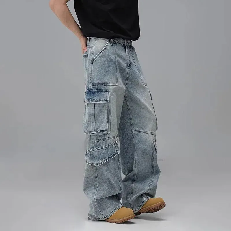 Men'S Spring And Summer Multi Pocket Workwear Design Jeans Retro Washed Japanese And Korean Casual Pants Loose Wide Leg Pants — image 2