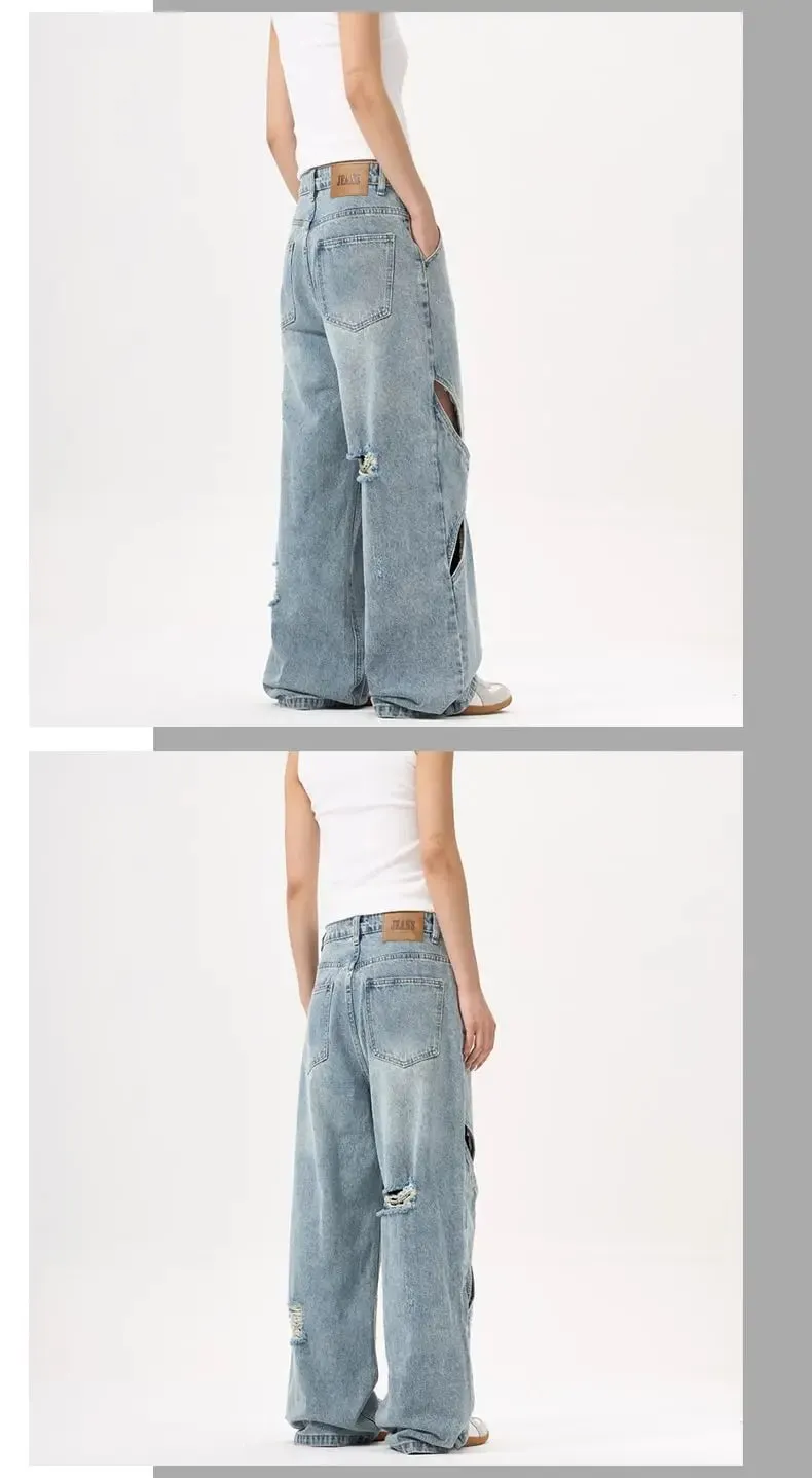 2025 New American style patchwork structure denim pants with holes men's and women's loose wide leg unisex straight leg jeans