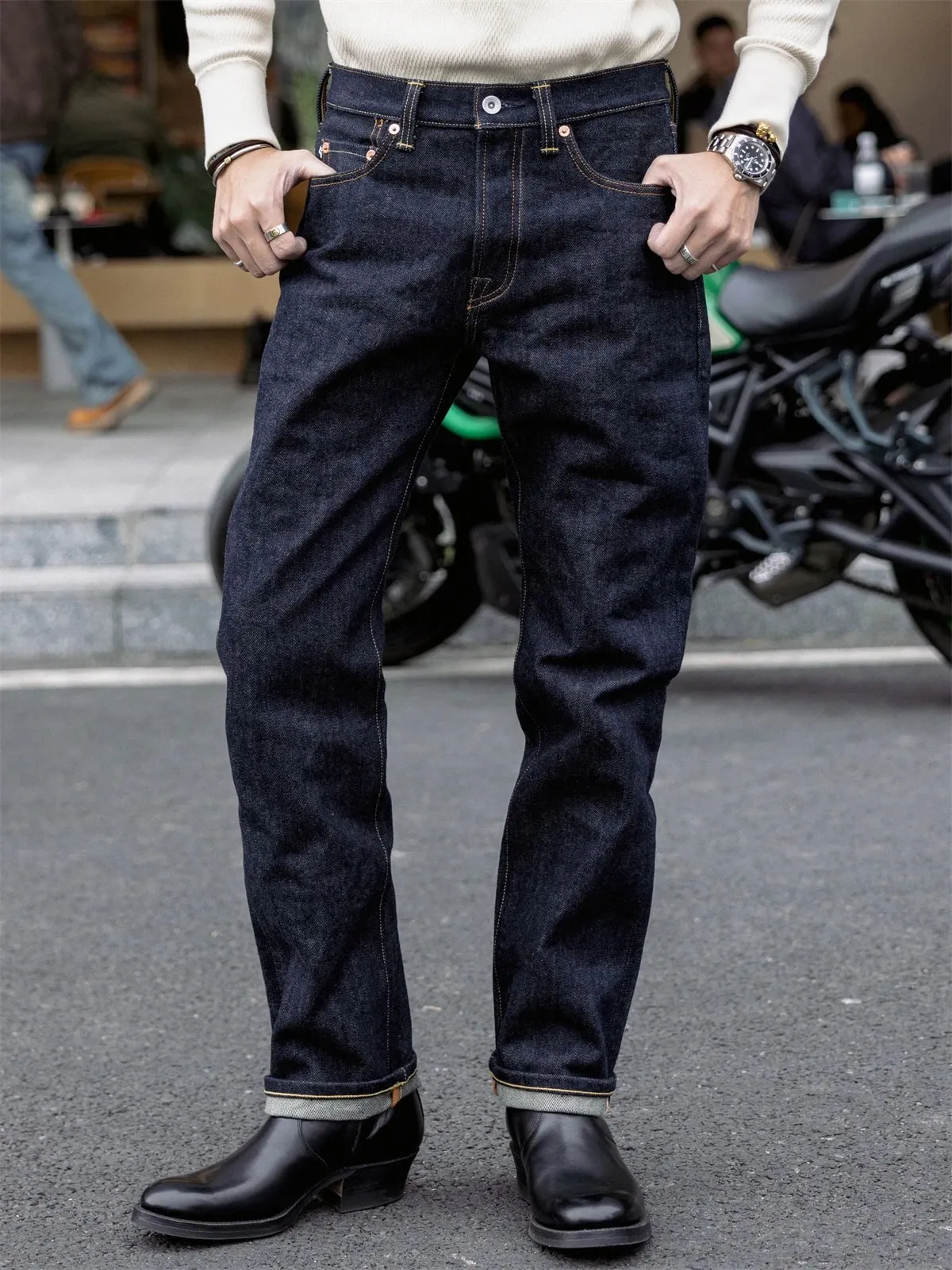 Red Tornado NOIR 21oz Selvedge Denim Slim Straight Cut Jeans Indigo Rugged Americana Style Men's Casual Pants