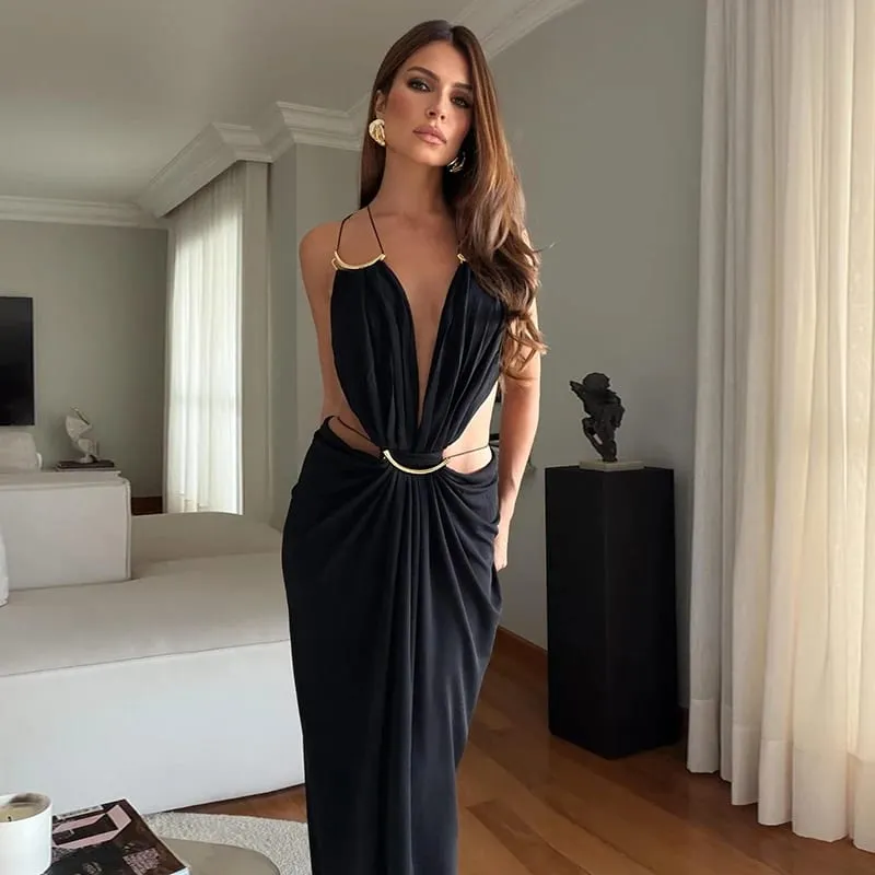 Sexy Backless Party Women's Dress Sleeveless V-neck Slim Maxi Female Vestidos 2026 Fashion Pleated Hollow Out Evening Lady Robe — image 7