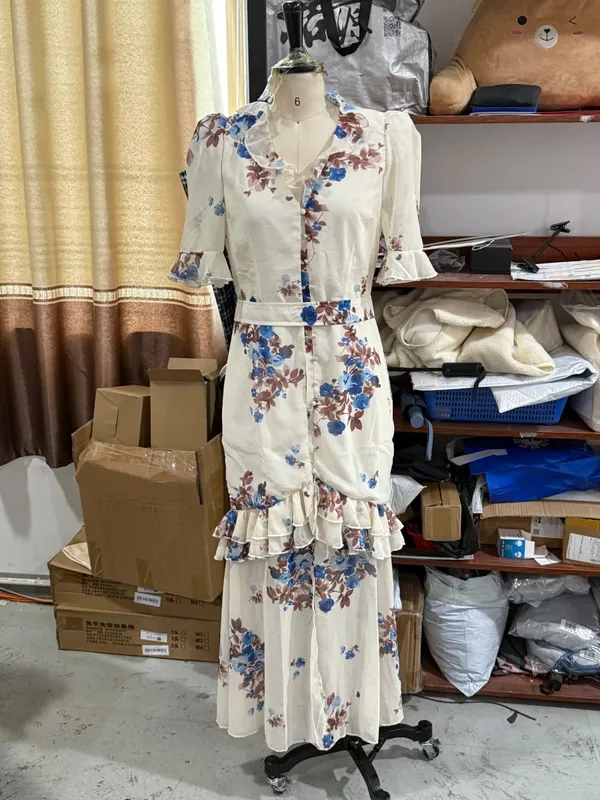 Floral Print Ruffle V Neck Waist Cinching Long Dresses Split Hem Single Breasted Maxi Dress 2026 Party Beach Vacation Vestidos — image 11