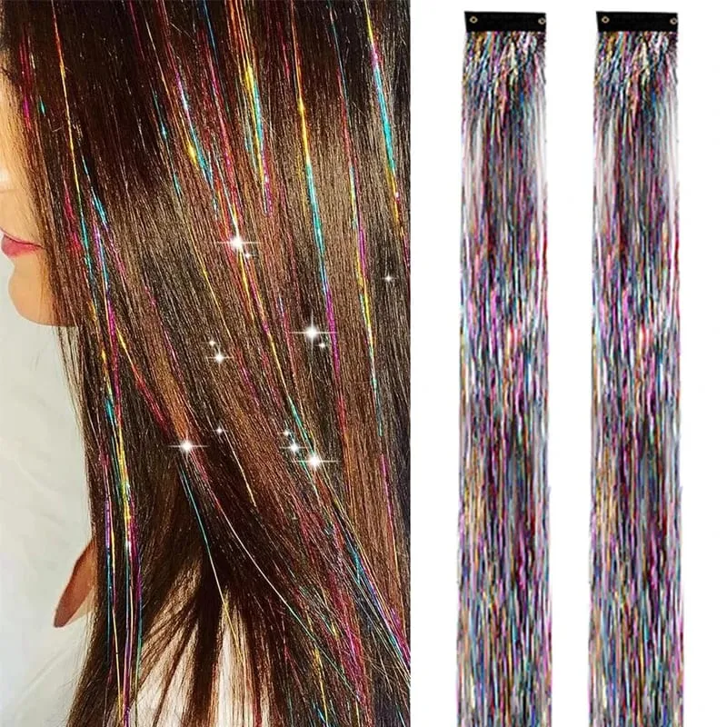 2PCS Synthetic Hair Tinsel Clip in Extensions Colored Sparkle Hair Tinsel Kit with BB Clip for Kids Girls Christmas Party Use