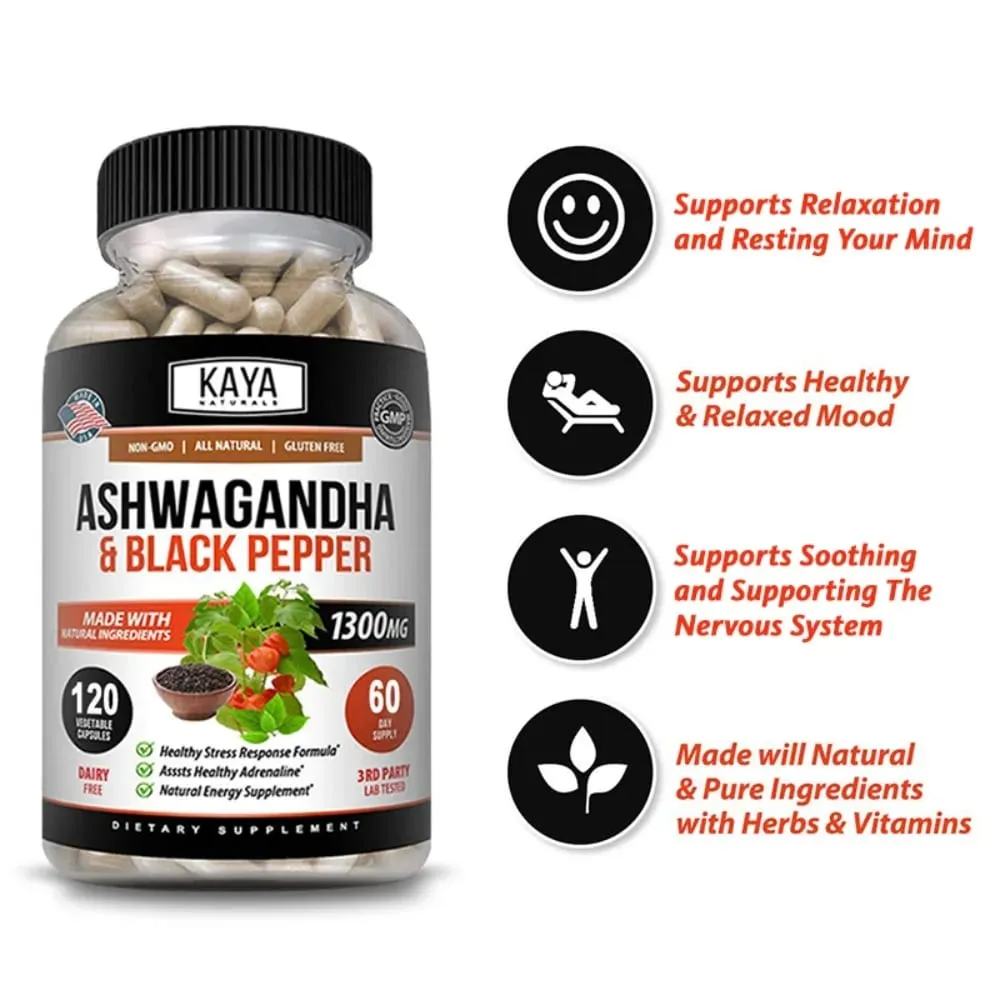 Organic Ashwagandha 1300mg 120 Count Capsules for Stress Relief Anti-Anxiety Mood Support Brain Health — image 4