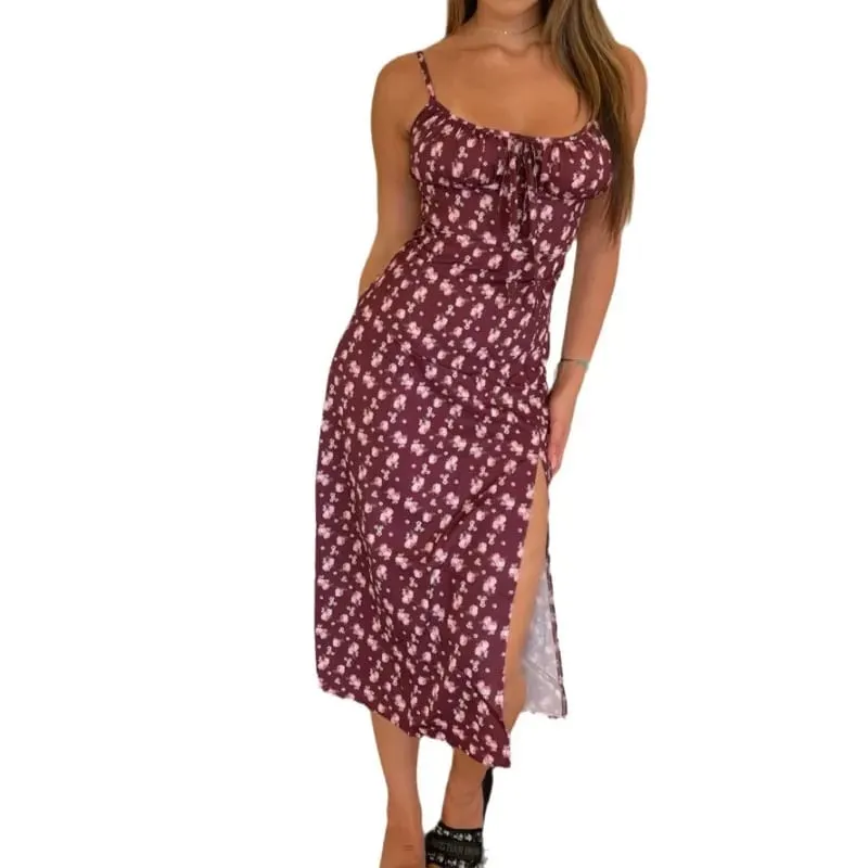 Women Elegant Floral Beach Vacation Streetwear Sexy Low Cut Beach Party Slim Slit Dress Chic Bodycon Lady Sleeveless Vestidos — image 7