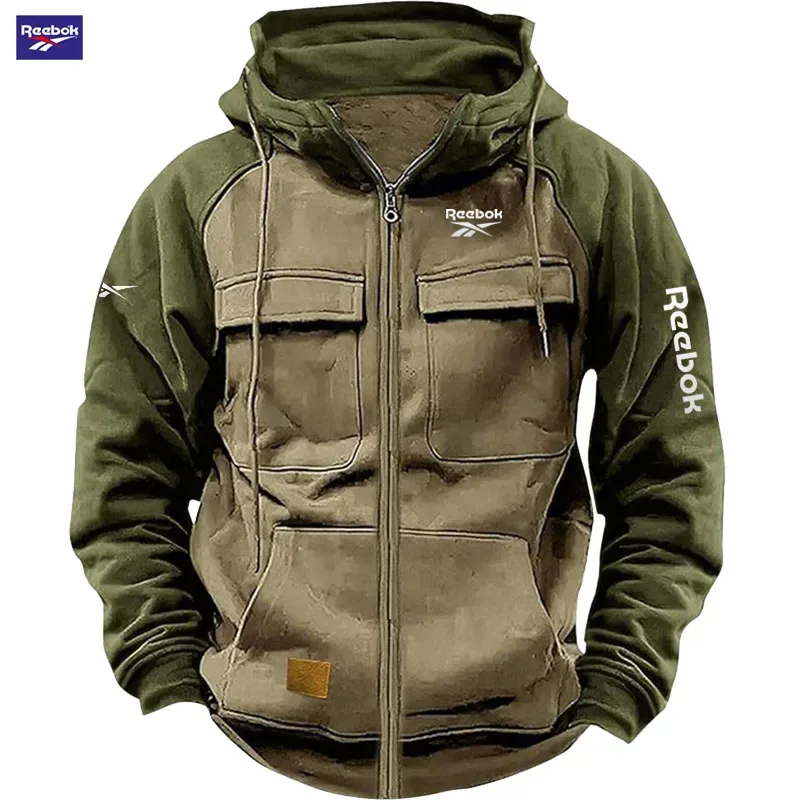 2026 Reebok New Autumn-Winter Men's Hooded Patchwork Casual Sweatshirt Loose-Fit Fashionable Youth Multi-Pocket Padded Hoodie — image 4