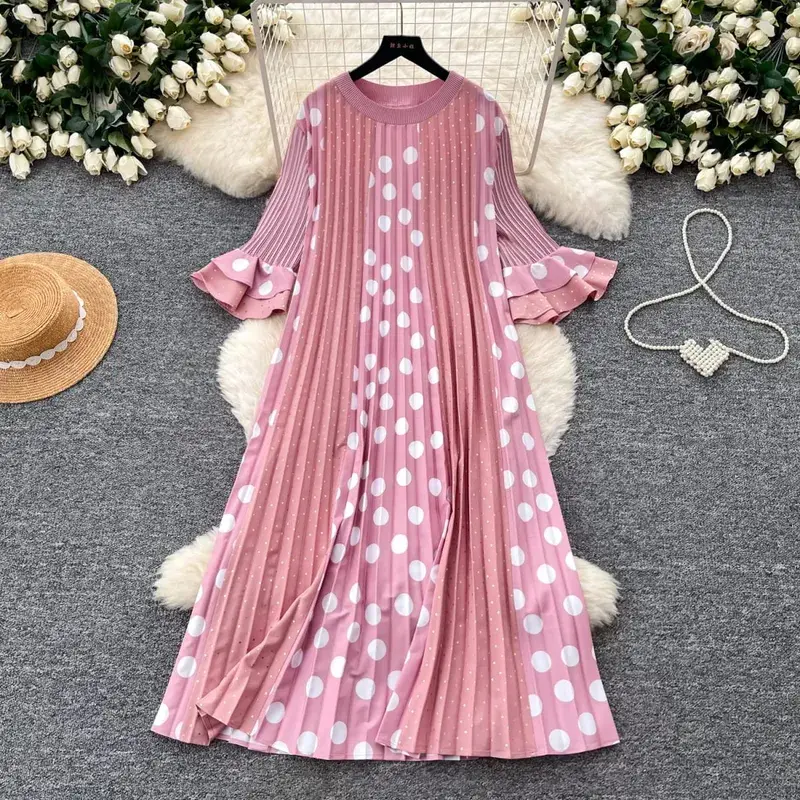 Miyake Pleated Polka Dot Dresses 2026 Summer Flared Sleeves Round Neck Fashion Pleated Long Dress Women Draped Elastic Clothing — image 8