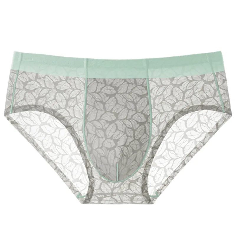 ผู้ชายผ้าไหมน้ำแข็ง Ultra-thin ชุดชั้นในลูกไม้ Jacquard Breathable Pantie 3D Bulge POUCH โปร่งใสตาข่ายชุดชั้นใน