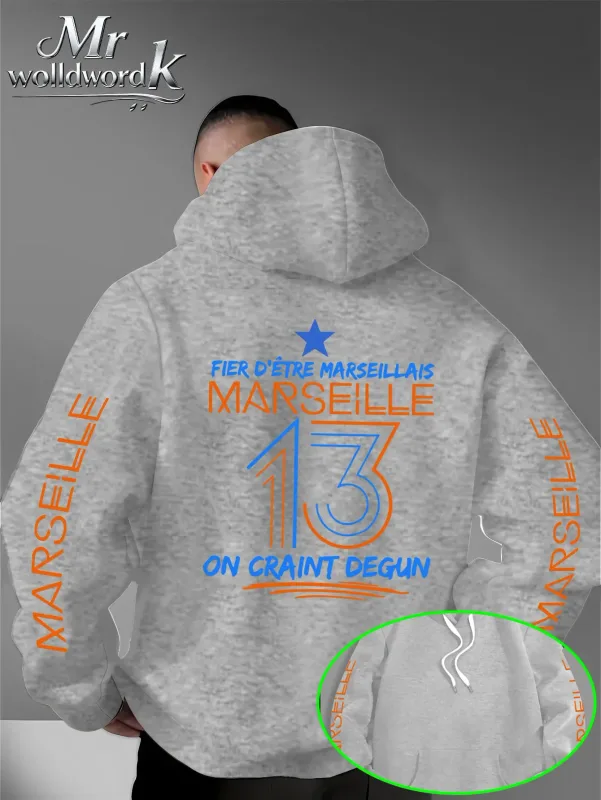 Men Marseille 13 City Graphic Hoodie Multi‑Print Sleeve Back Letter Hooded Sweatshirt Autumn Winter Fleece Loose Hoodie — image 5