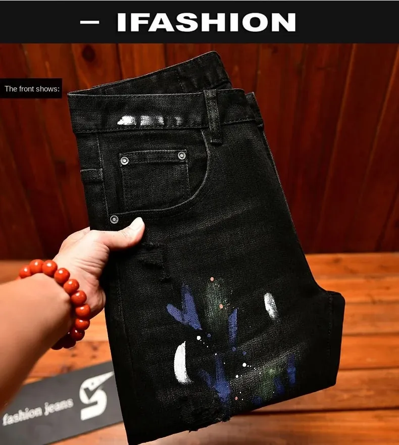 2025 Autumn American Fashion Black Jeans Men's Slim Fit Version with Piercing Patch Paint Printed Street Trendy Pants — image 9